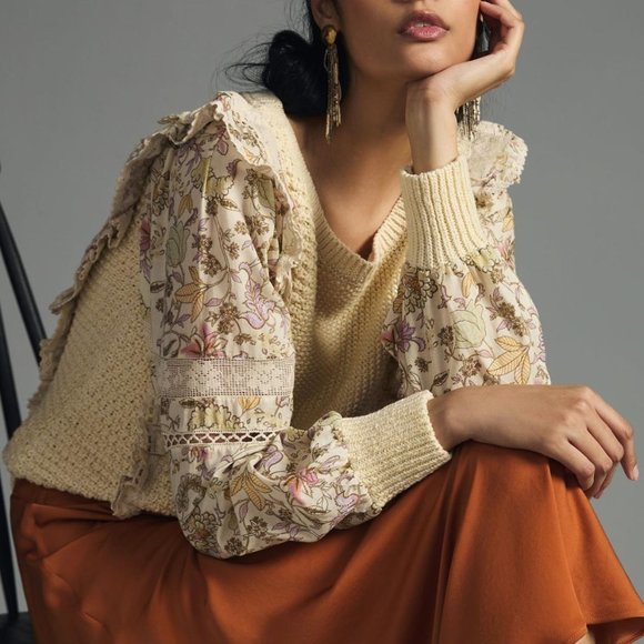 By Anthropologie Floral Printed-Sleeve Ruffle Sweater Cream - Large - Picture 2 of 12